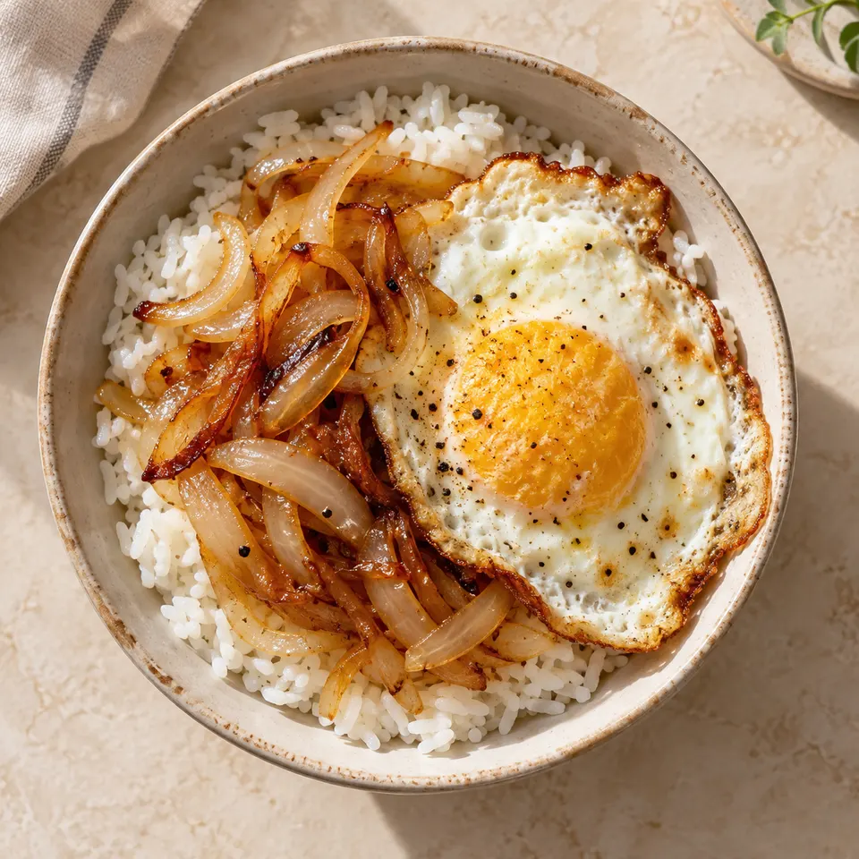 Arroz con cebolla salteada y huevo completamente cocido.
