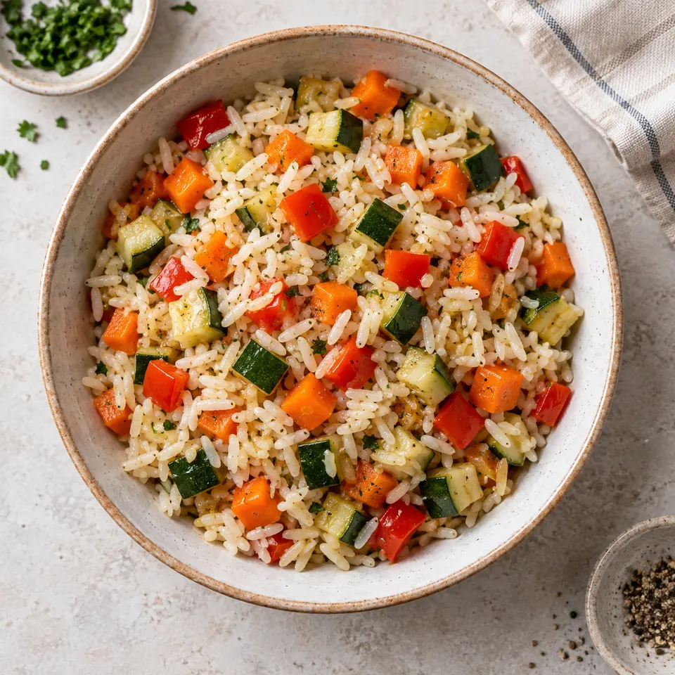 Arroz con zanahoria, zucchini y morrón salteados.