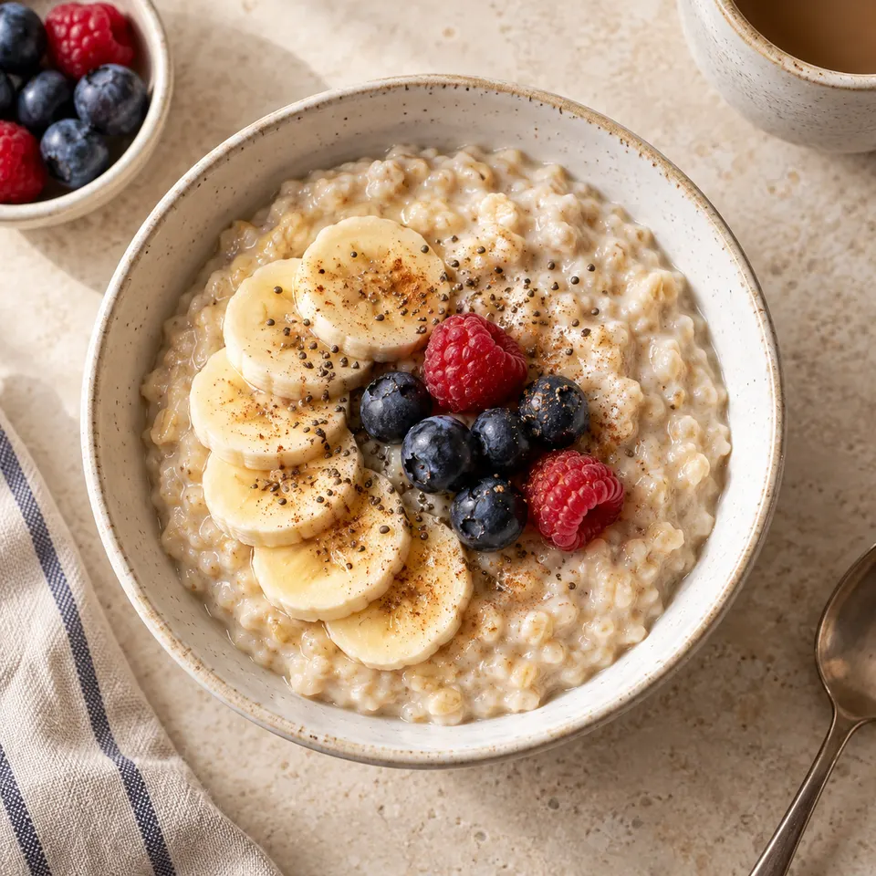 Avena cocida cremosa con fruta en un cuenco.