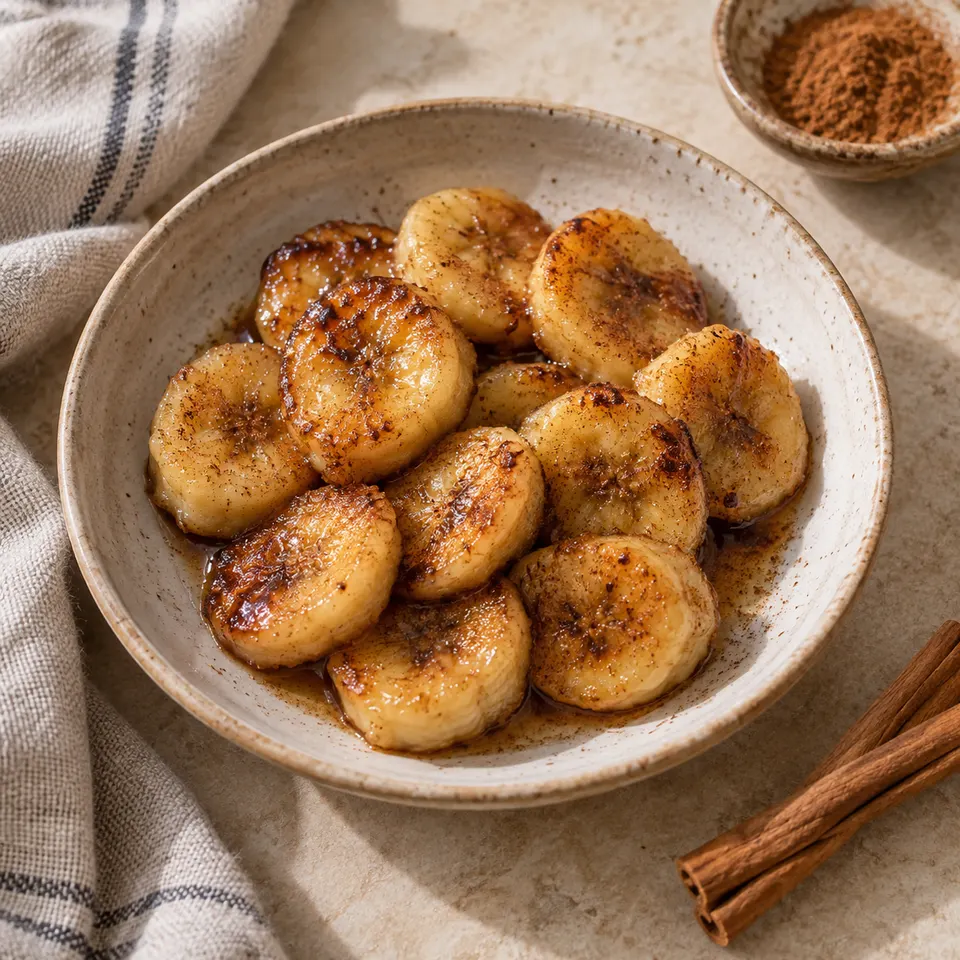Rodajas de banana doradas con canela.