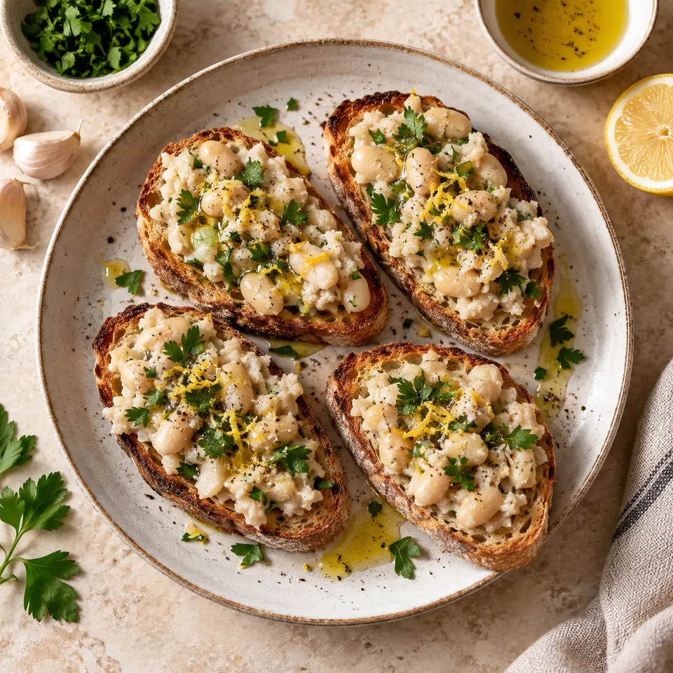 Tostadas con pasta rústica de porotos blancos, ajo y perejil.