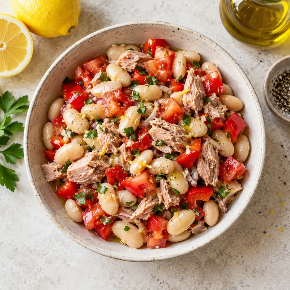 Ensalada de porotos, atún, tomate y morrón.