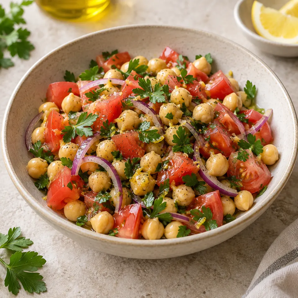 Ensalada de garbanzos con tomate y hierbas, como referencia visual de la receta.