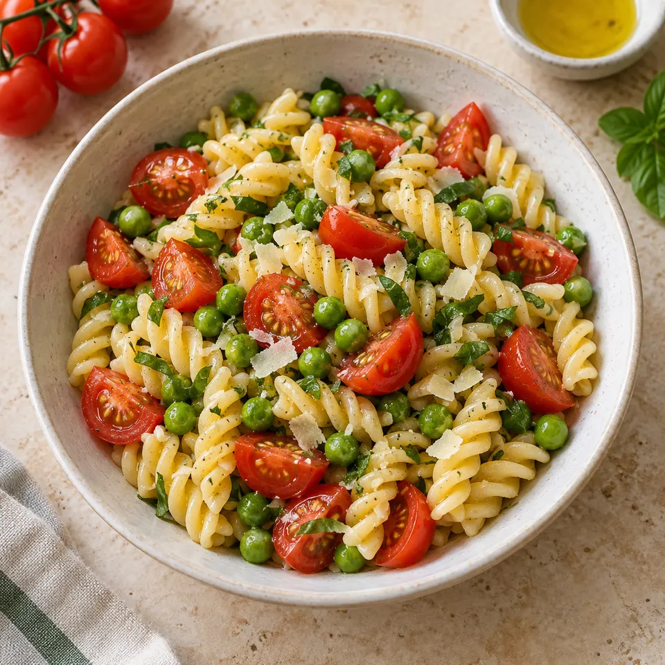 Ensalada fría de pasta corta, arvejas y tomate.