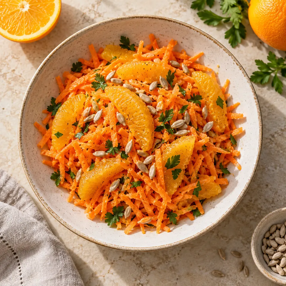 Ensalada de zanahoria rallada, naranja y semillas.