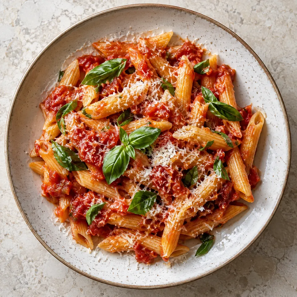 Pasta con salsa de tomate y albahaca.
