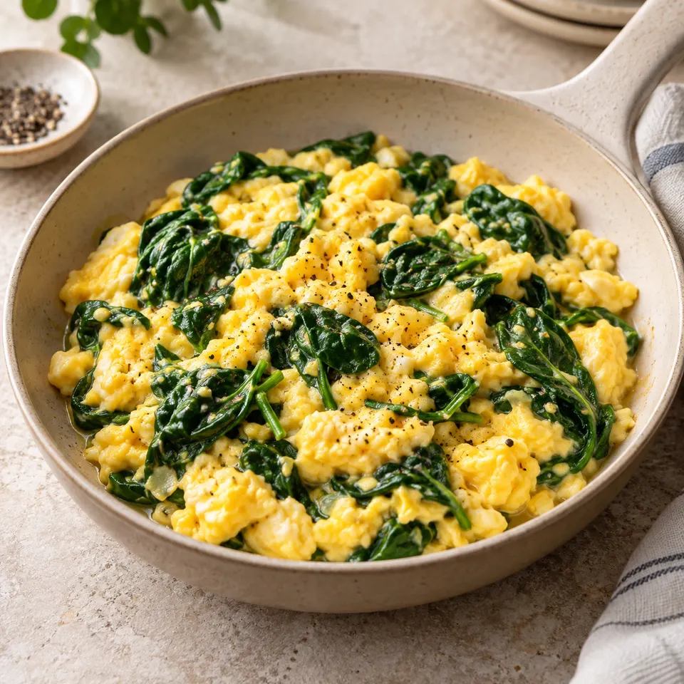 Huevos revueltos con espinaca en una sartén, como referencia visual de la receta.