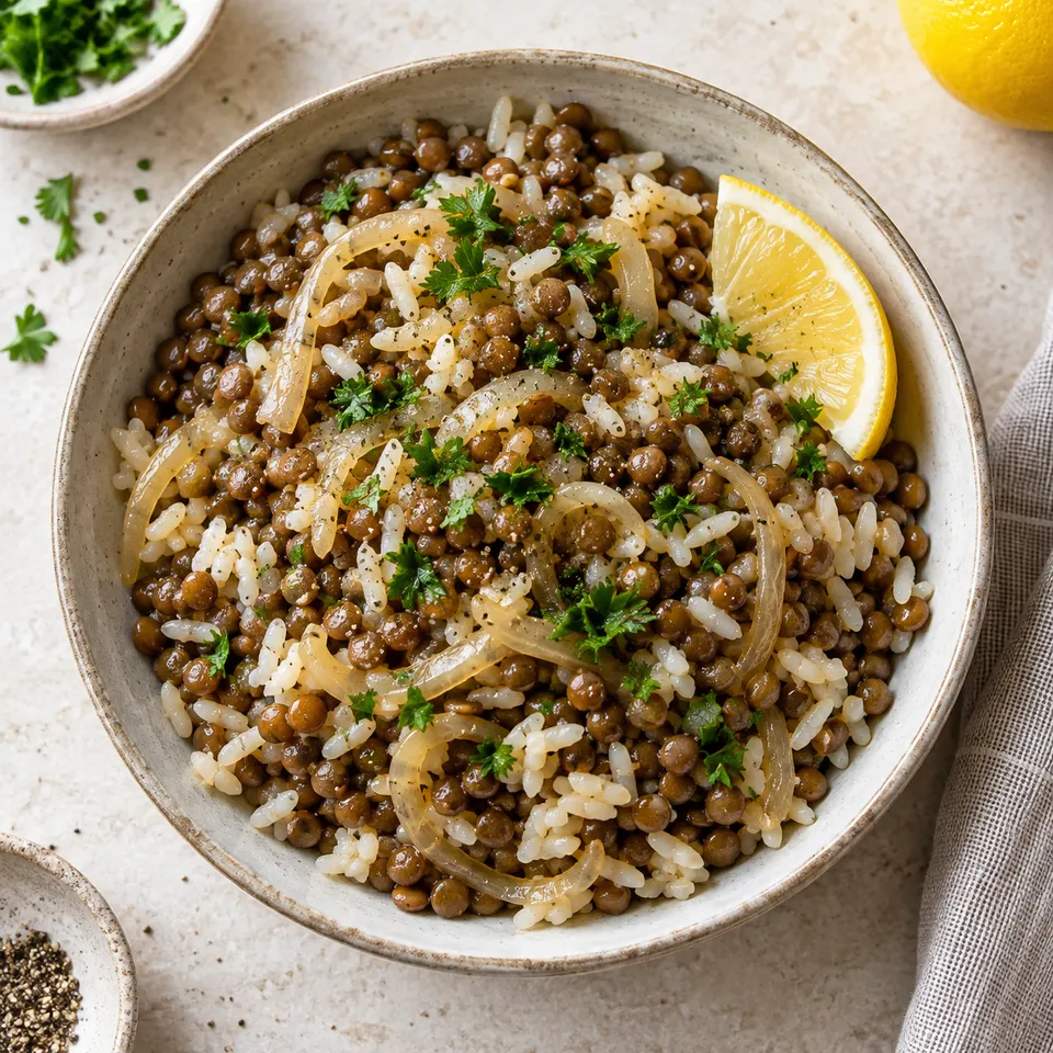 Lentejas con arroz y limón.