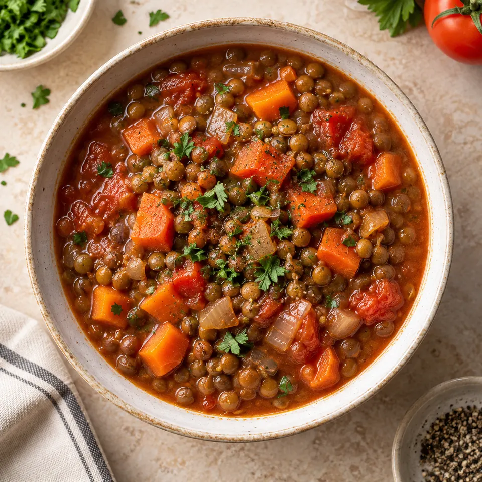Guiso de lentejas con zanahoria y tomate.