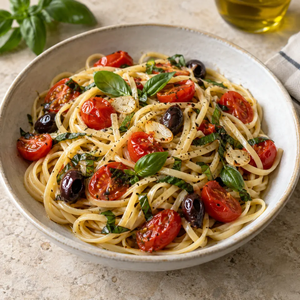 Linguine con tomate, albahaca y aceitunas, como referencia visual de la receta.