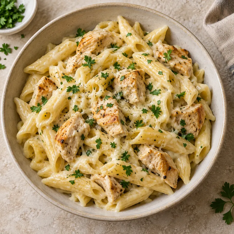Pasta con pollo y salsa cremosa de quesos.