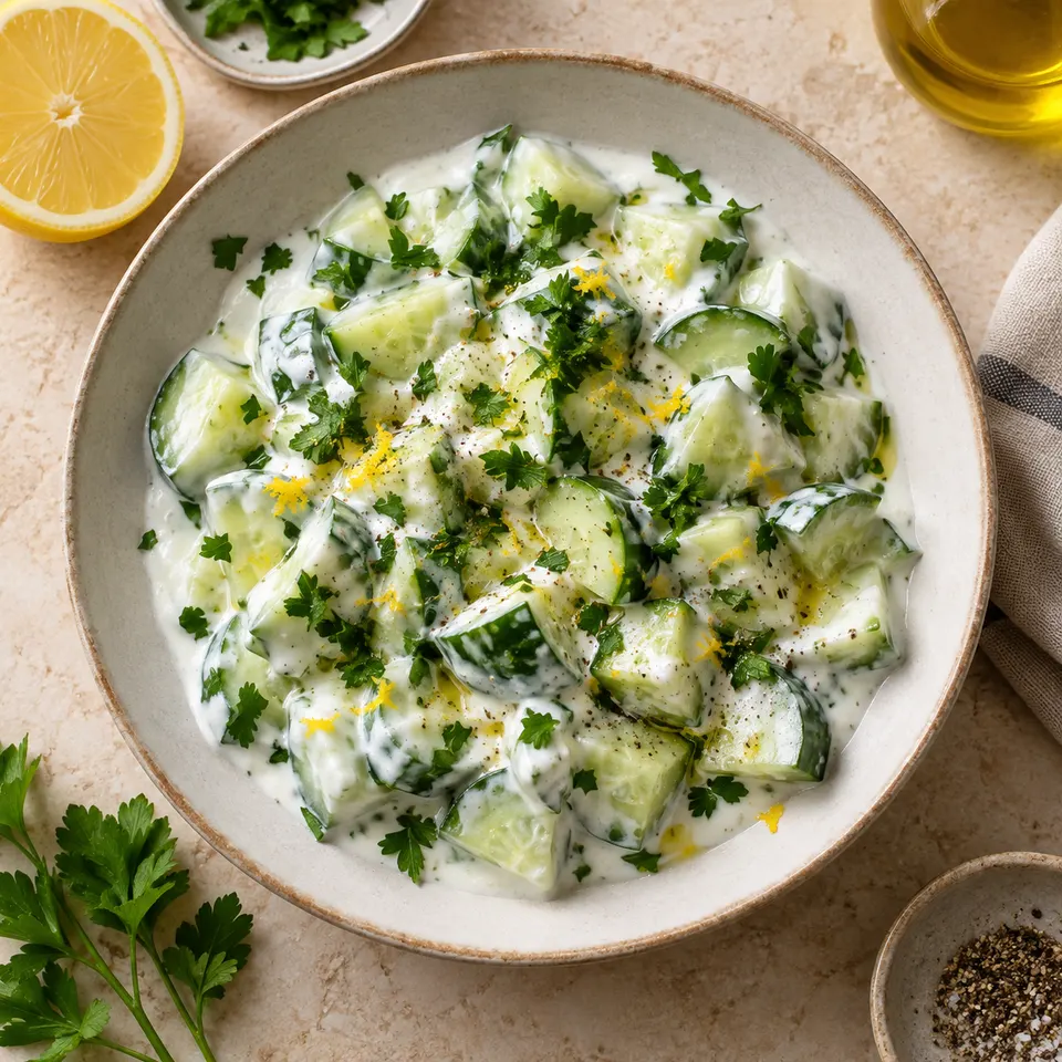 Ensalada fría de pepino con yogur, limón y hierbas.