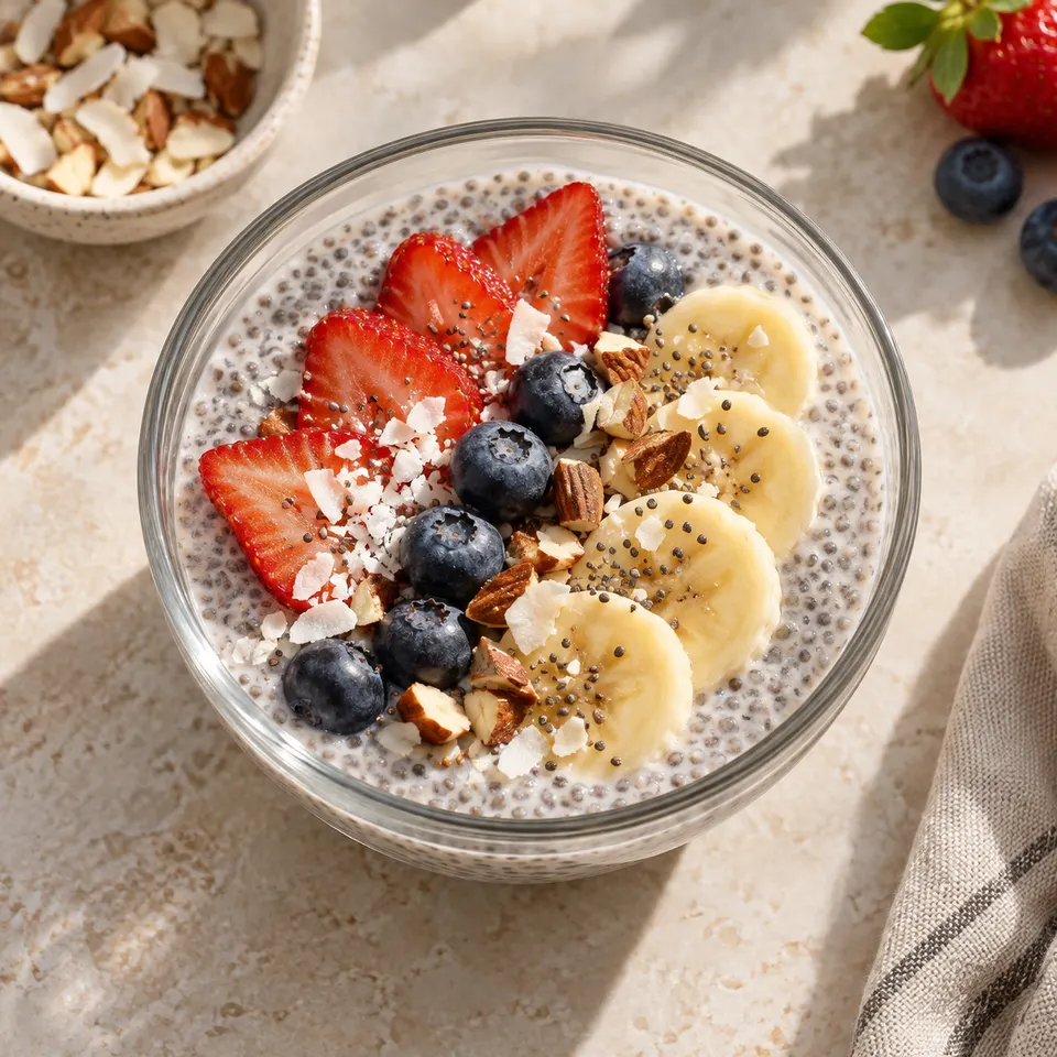 Pudín de chía hidratada con leche y fruta fresca.