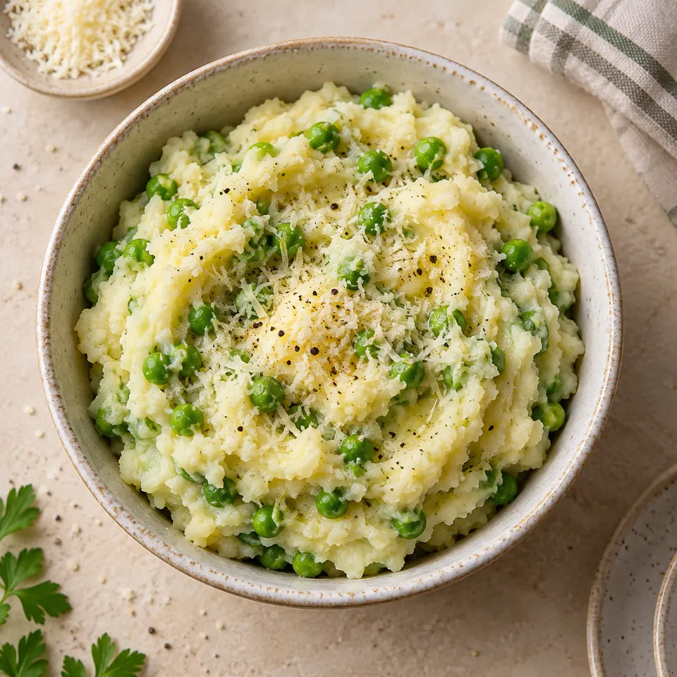 Puré cremoso de papas con arvejas.