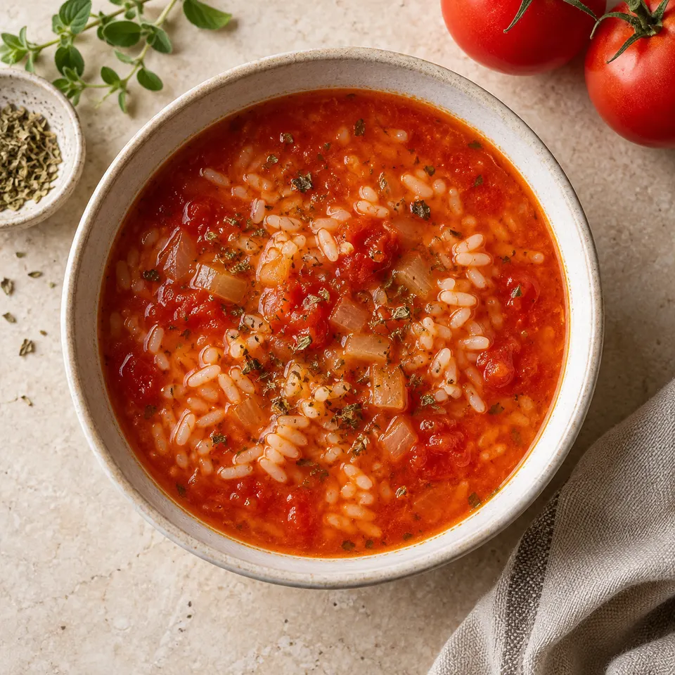 Sopa de tomate con arroz y hierbas.