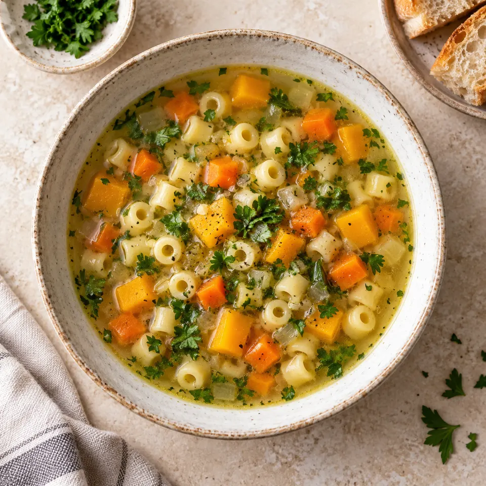 Sopa clara con verduras en cubos y fideos pequeños.