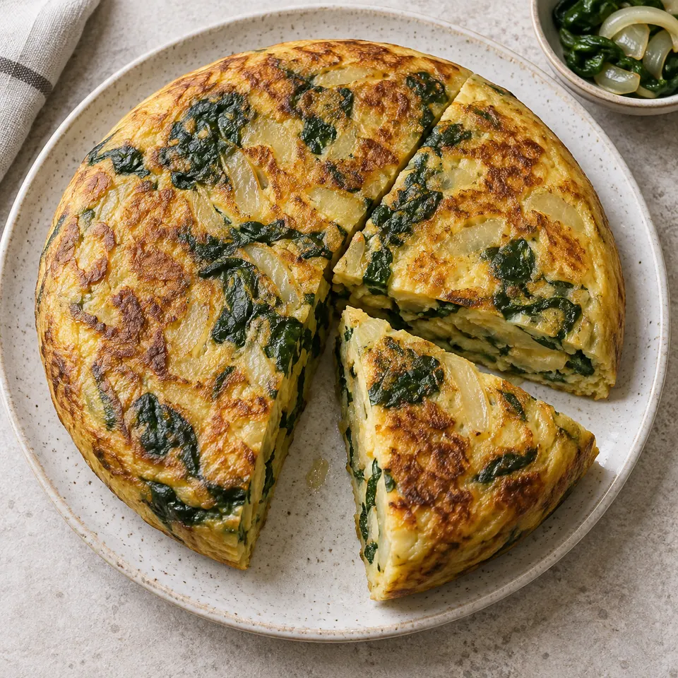 Tortilla con espinaca y cebolla cortada en porciones.