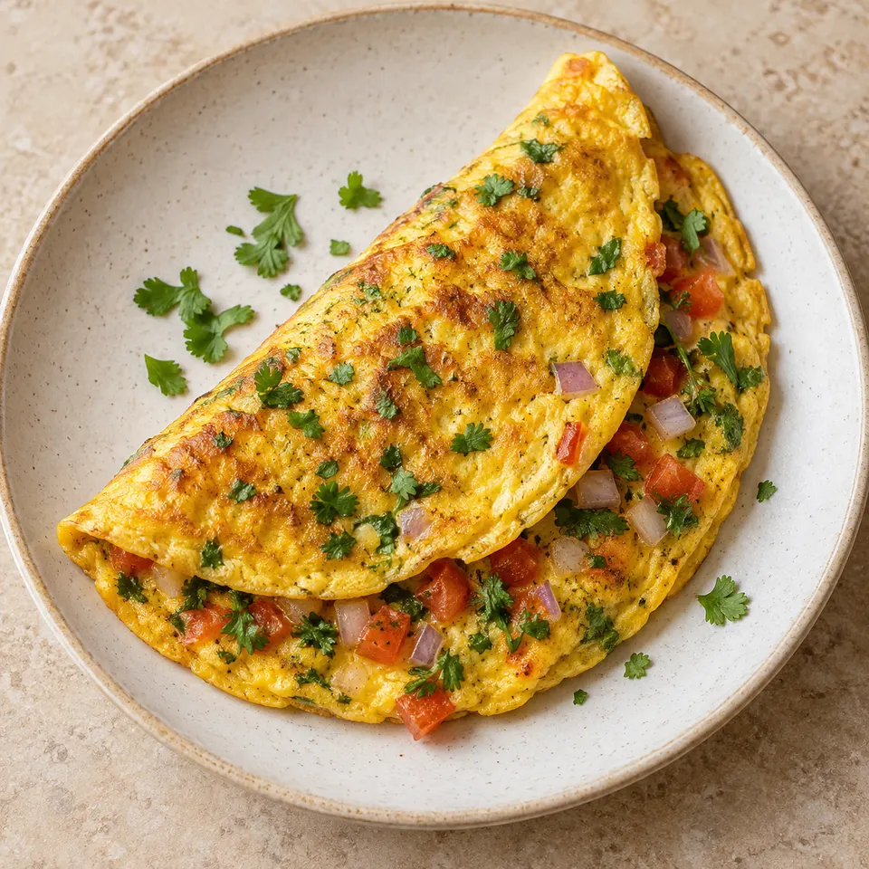 Tortilla con tomate, cebolla y hierbas, como referencia visual de la receta.