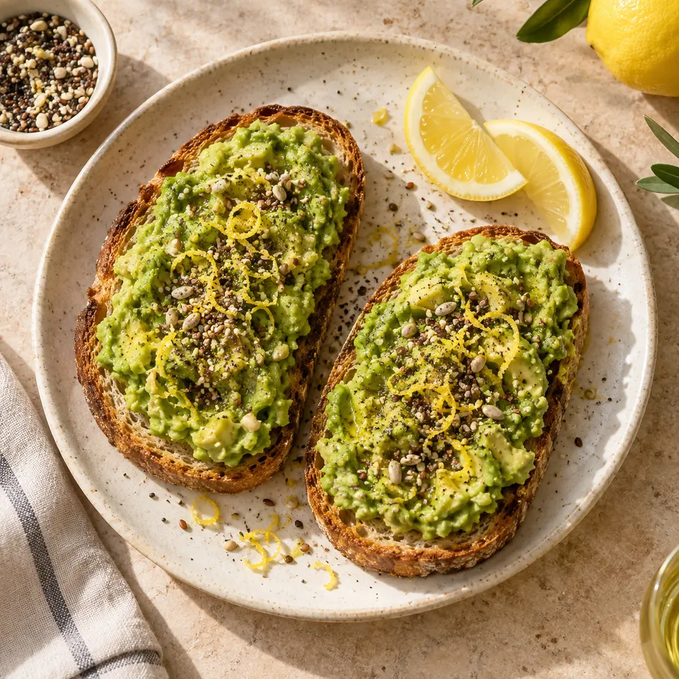 Tostadas con palta pisada, limón y semillas.