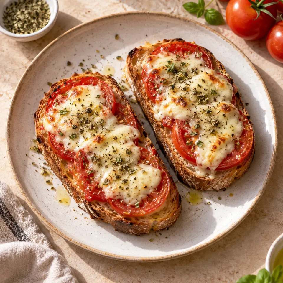Tostadas con tomate fresco, queso fundido y orégano.