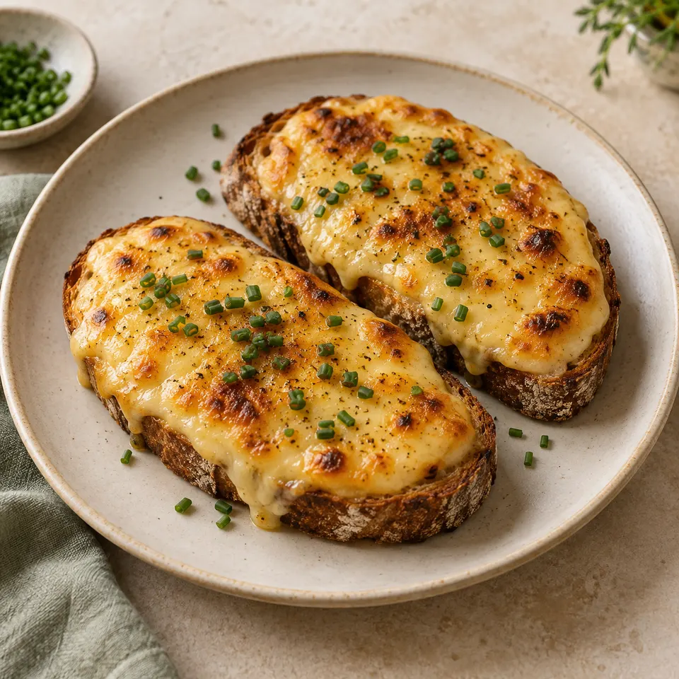 Dos tostadas con salsa de queso gratinada, como referencia visual de la receta.