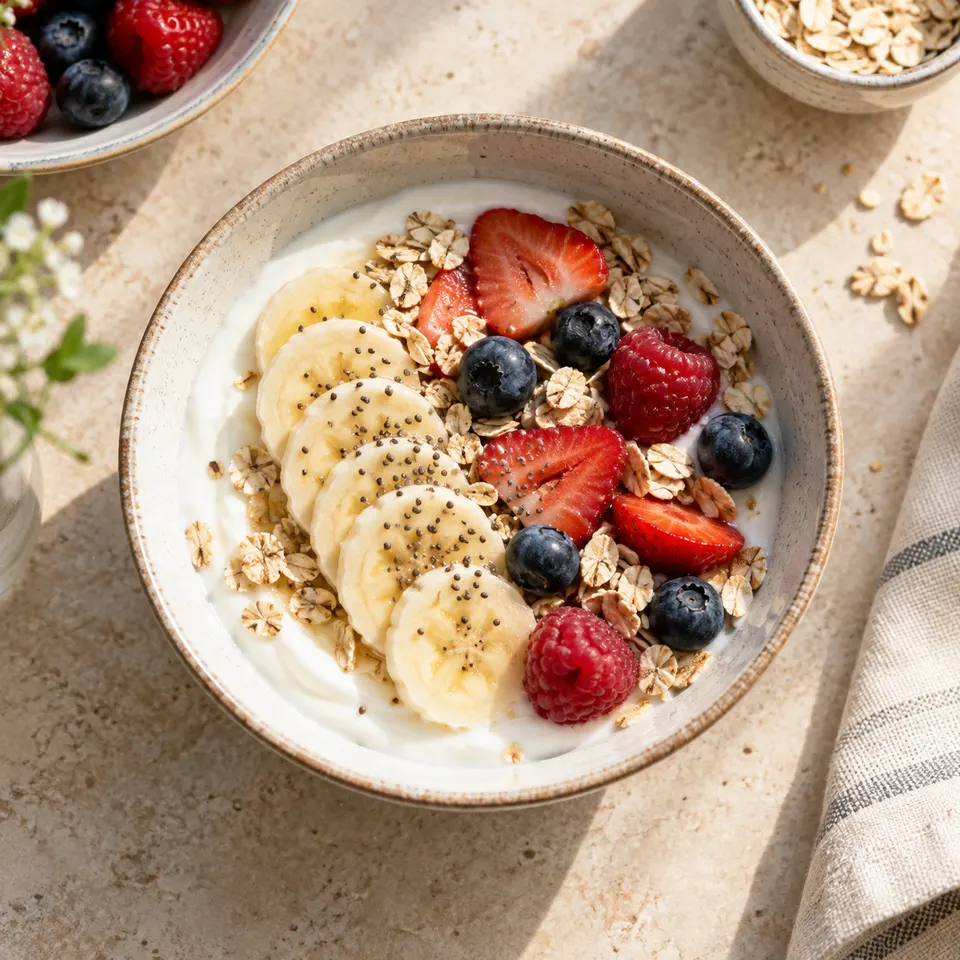 Cuenco de yogur con avena y fruta de estación.